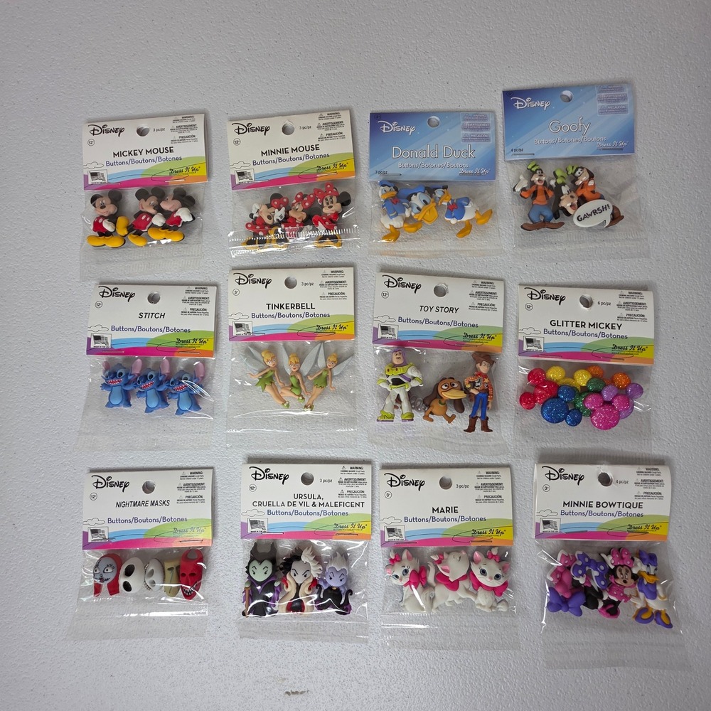 Disney Dress It Up Buttons Lot 12 Packs Crafts Mickey Villains Tinkerbell Marie